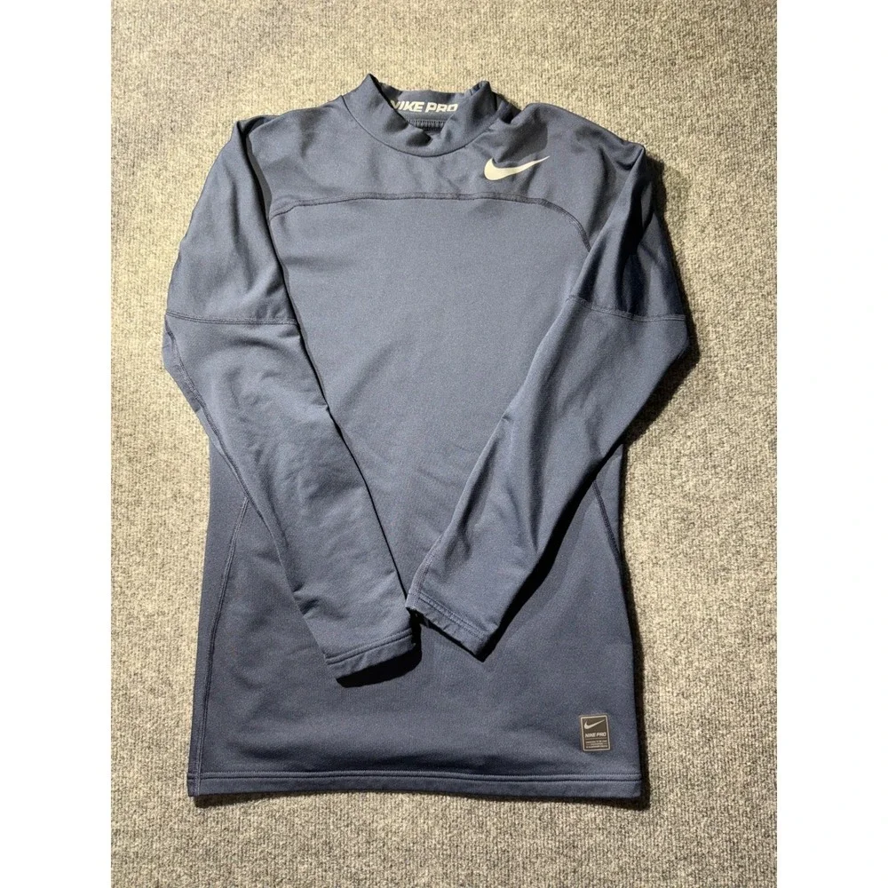 Nike Pro Hyperwarm Mens Large Navy Blue Compression Mock Neck Long Sleeve 867306
